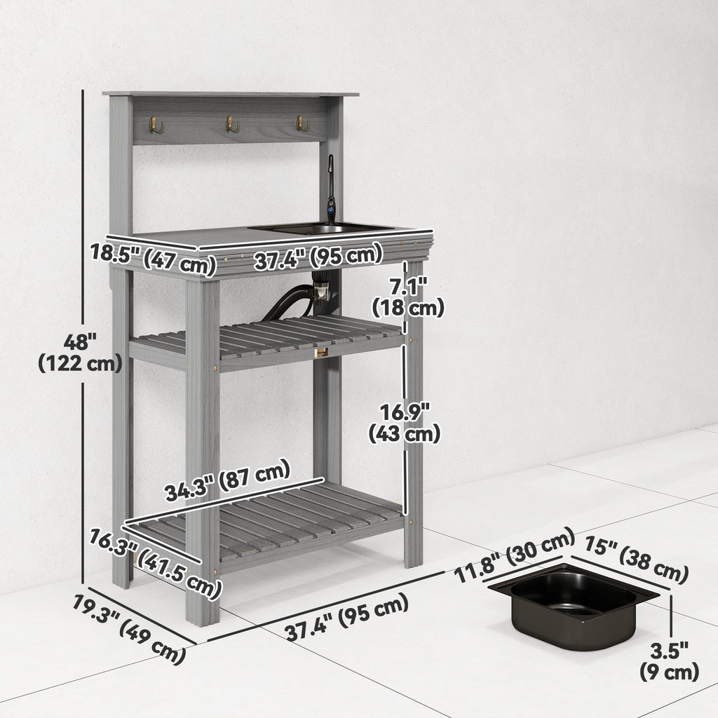 Outdoor Potting Bench Table with Faucet, Sink, Shelves and Hooks, Grey