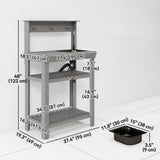 Outdoor Potting Bench Table with Faucet, Sink, Shelves and Hooks, Grey