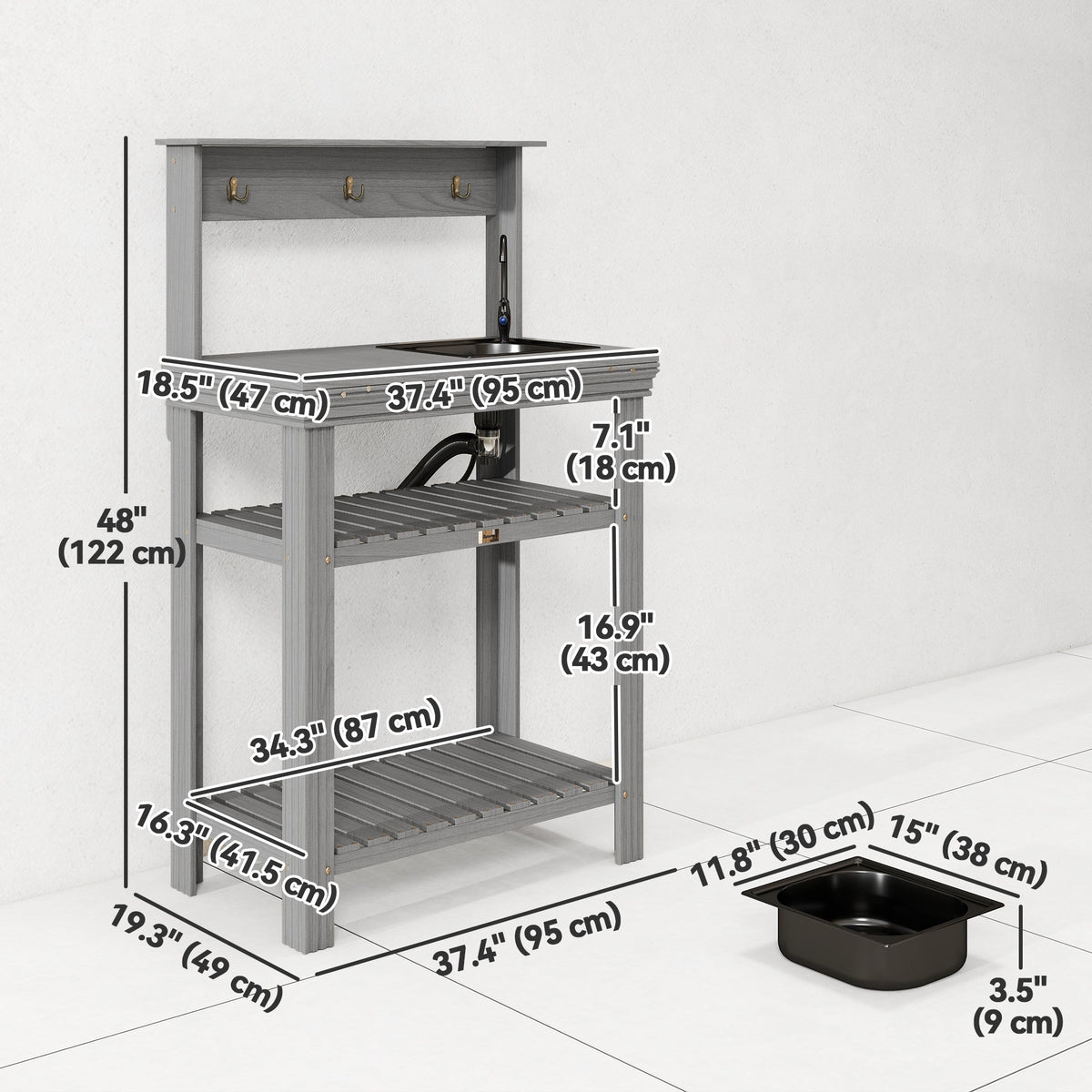Outdoor Potting Bench Table with Faucet, Sink, Shelves and Hooks, Grey