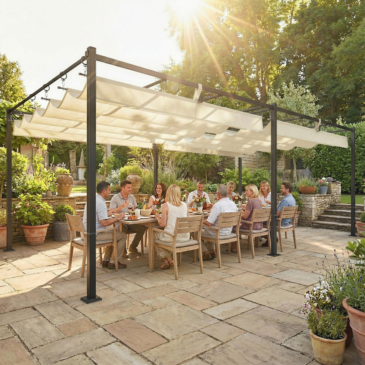 19' x 10' Pergola with Retractable Canopy, Cream White