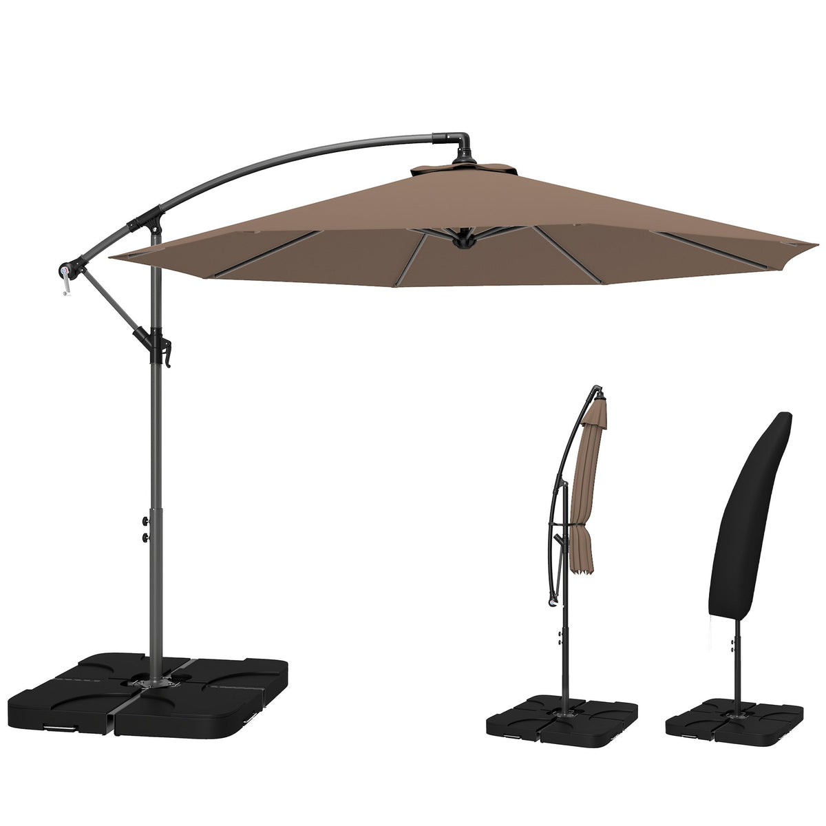 3 m Cantilever Parasol with Weights, Cover & Cross Base, Coffee