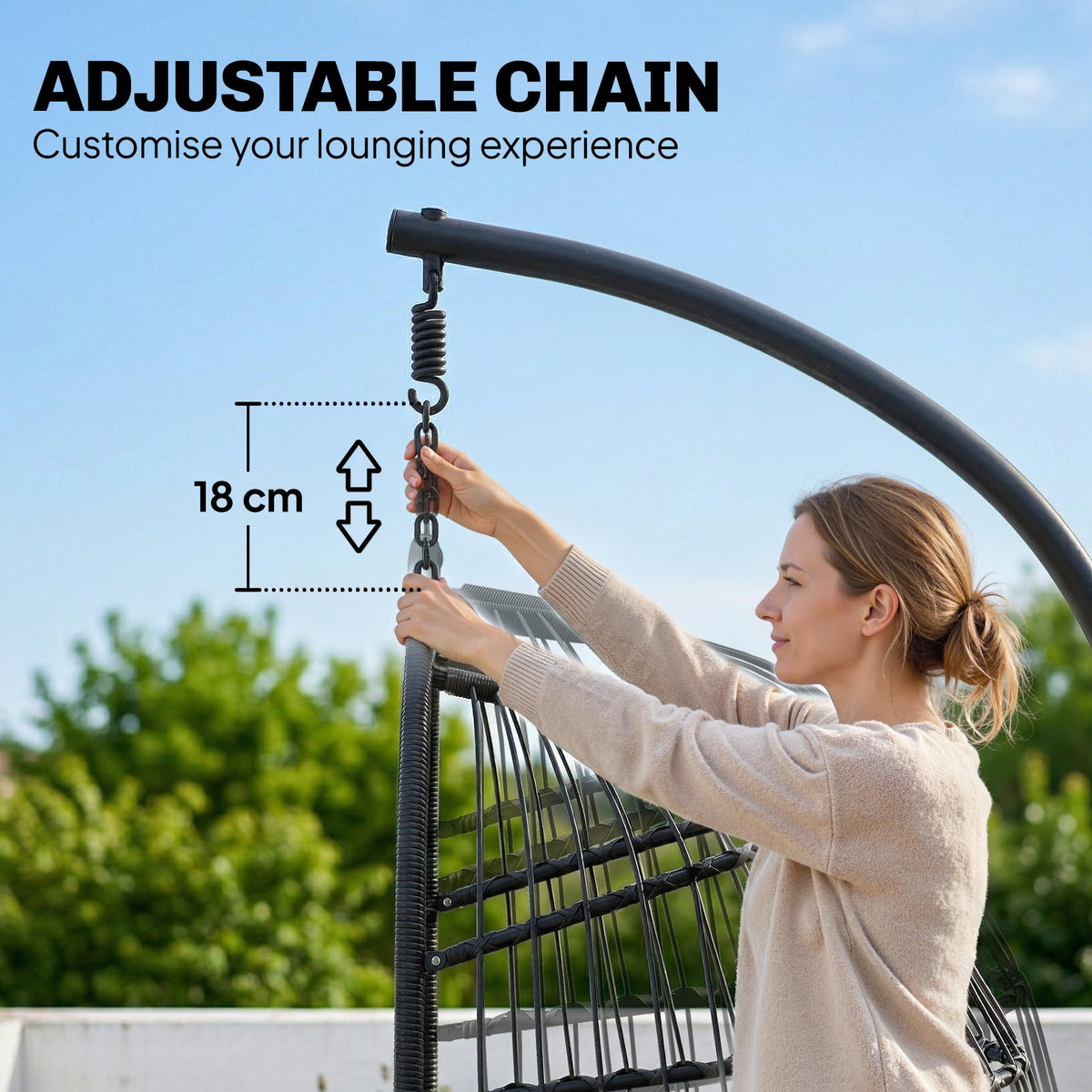 Hanging Egg Chair with Stand, Foldable Basket & Thick Cushion, Adjustable Height