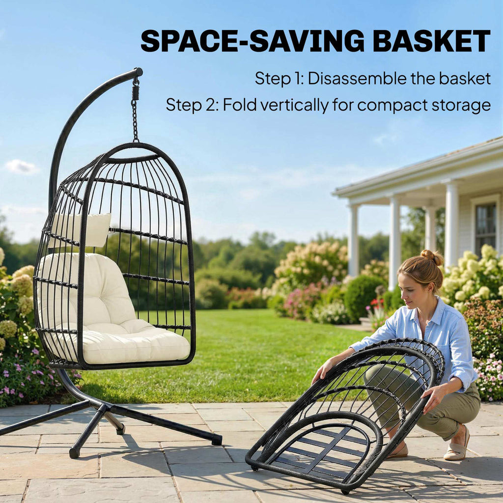Hanging Egg Chair with Stand, Foldable Basket & Thick Cushion, Adjustable Height