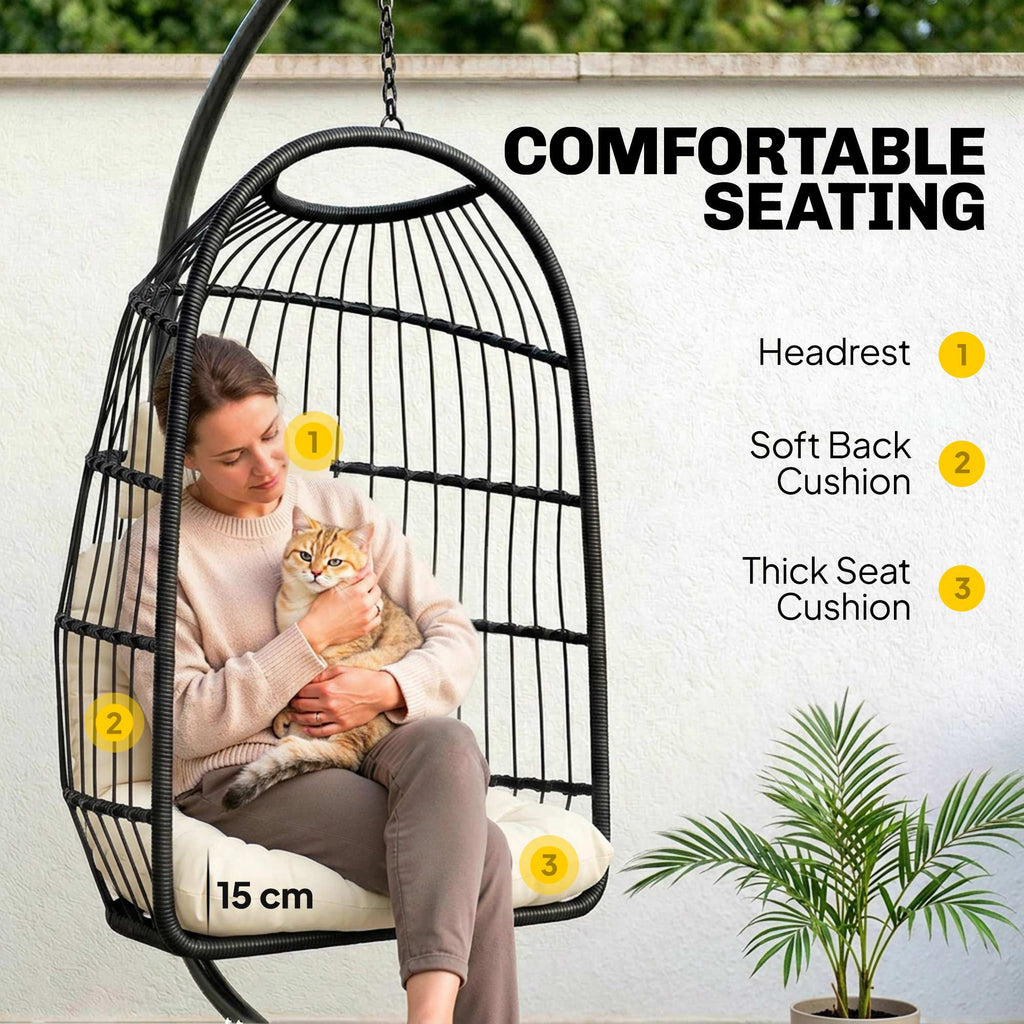 Hanging Egg Chair with Stand, Foldable Basket & Thick Cushion, Adjustable Height