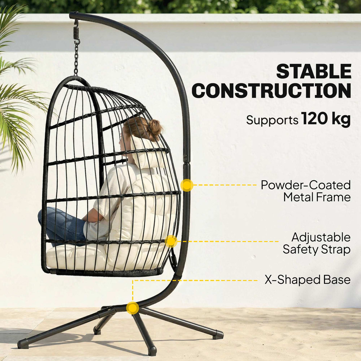 Hanging Egg Chair with Stand, Foldable Basket & Thick Cushion, Adjustable Height