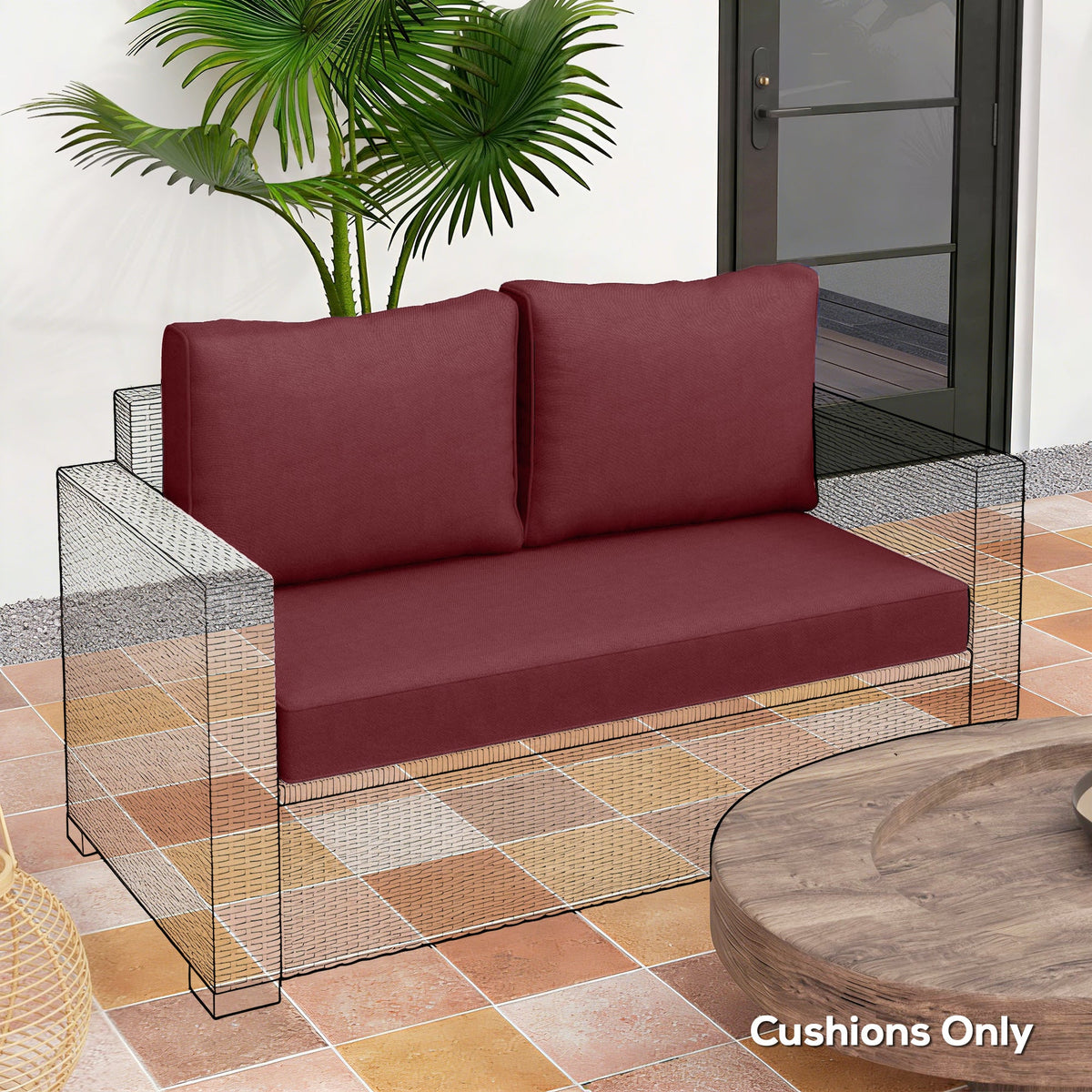 2 Seater Outdoor Seat Cushions with Backrest, Wine Red