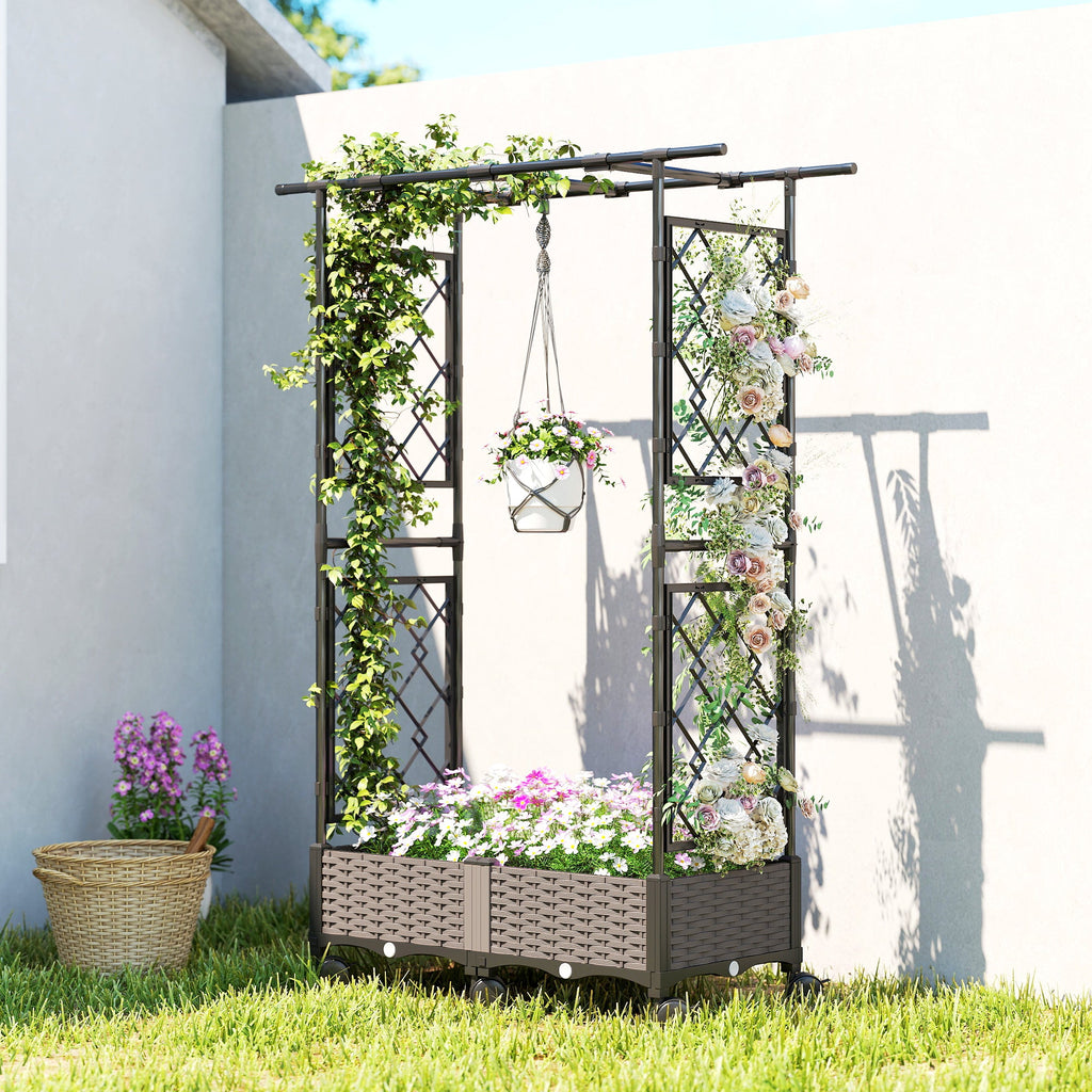 Raised Garden Bed with Arch Trellis, Wheels and Self-Watering Design