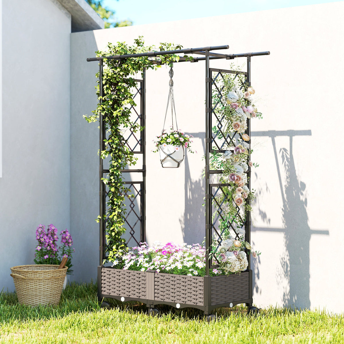 Raised Garden Bed with Arch Trellis, Wheels and Self-Watering Design