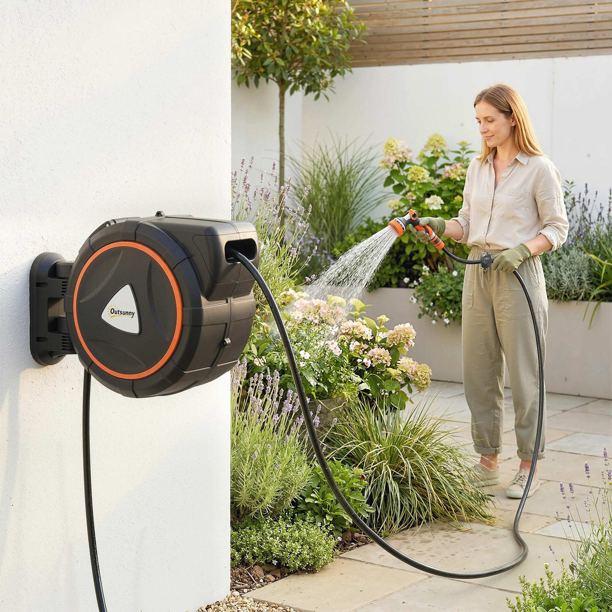 28+2m Retractable Wall-Mount Hose Reel with Auto Retraction & 180° Swivel, Orange