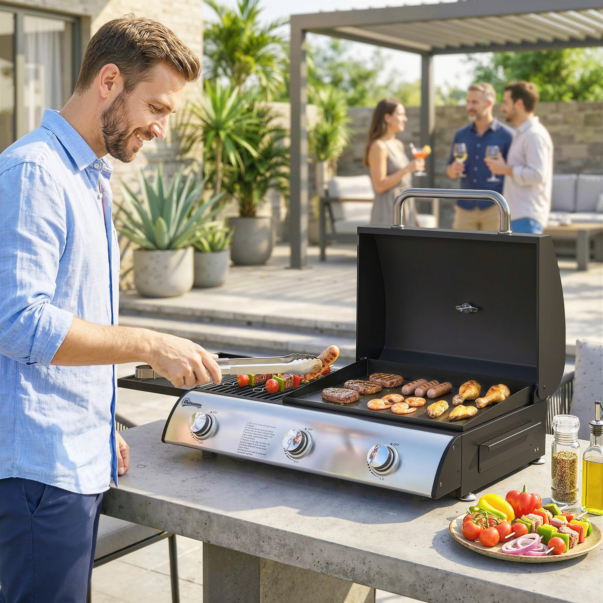 3-Burner Portable Gas Plancha Grill 8.1 kW with Griddle & Side Shelf, Black