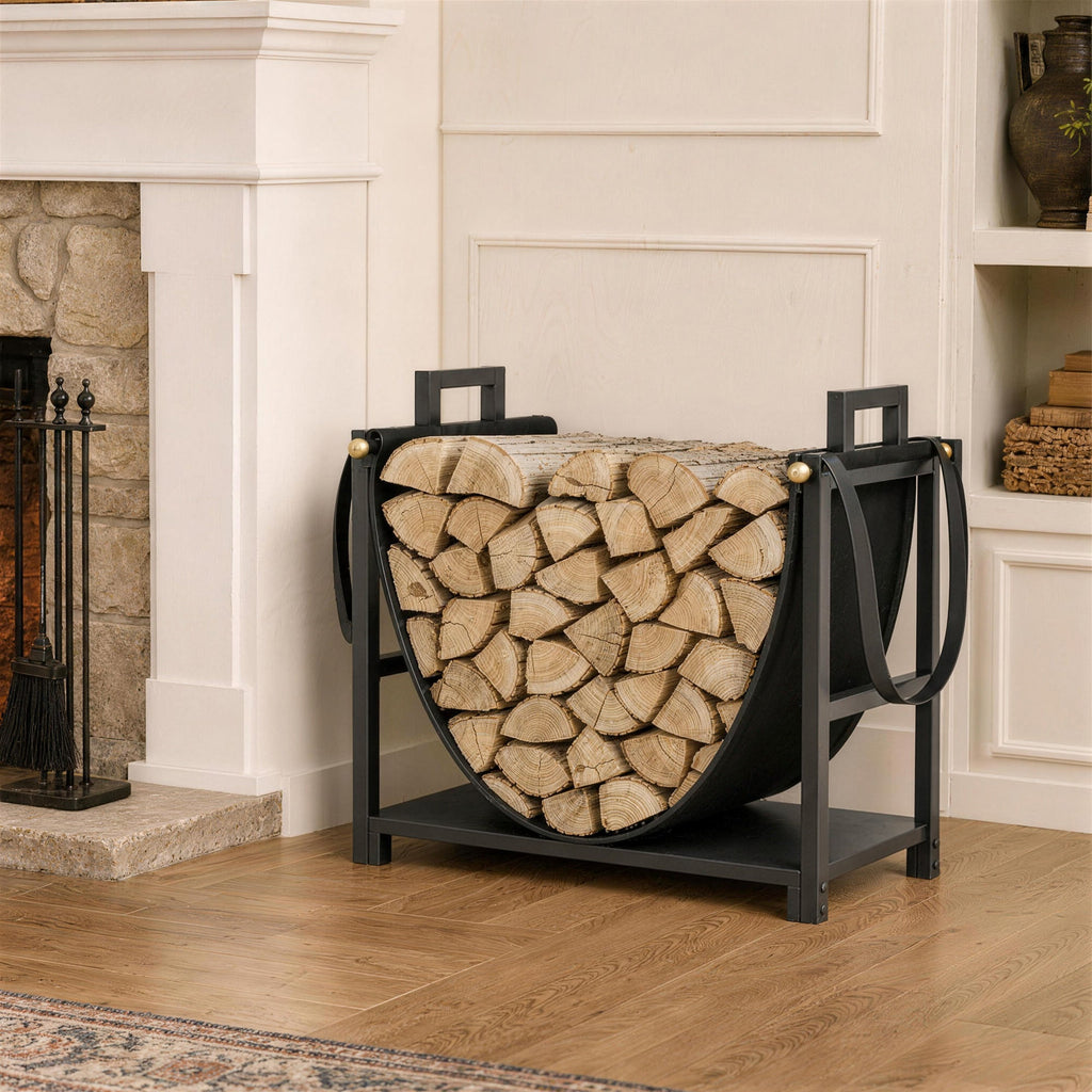 19 Inch Heavy Duty Steel Firewood Rack with Canvas Carrier for Indoor Fireplace Storage, Black