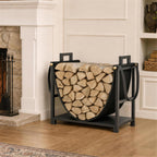 19 Inch Heavy Duty Steel Firewood Rack with Canvas Carrier for Indoor Fireplace Storage, Black