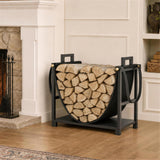 19 Inch Heavy Duty Steel Firewood Rack with Canvas Carrier for Indoor Fireplace Storage, Black