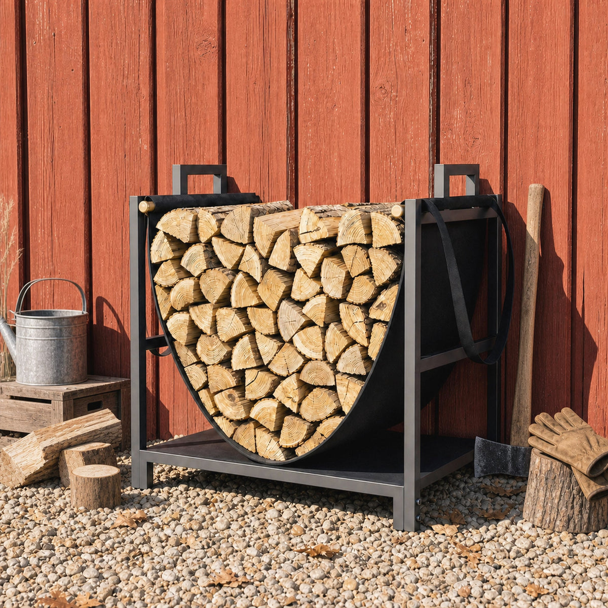 19 Inch Heavy Duty Steel Firewood Rack with Canvas Carrier for Indoor Fireplace Storage, Black