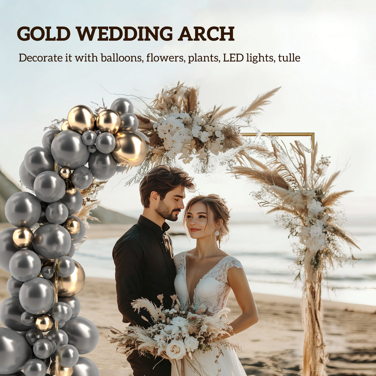 6.6ft Square Wedding Arch Backdrop Stand with Stakes, Gold