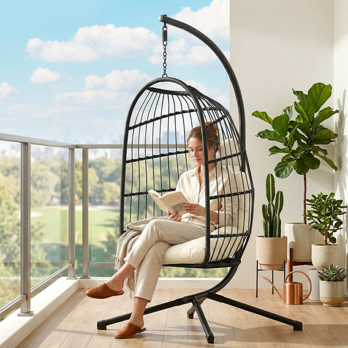 Hanging Egg Chair with Stand, Foldable Basket & Thick Cushion, Adjustable Height