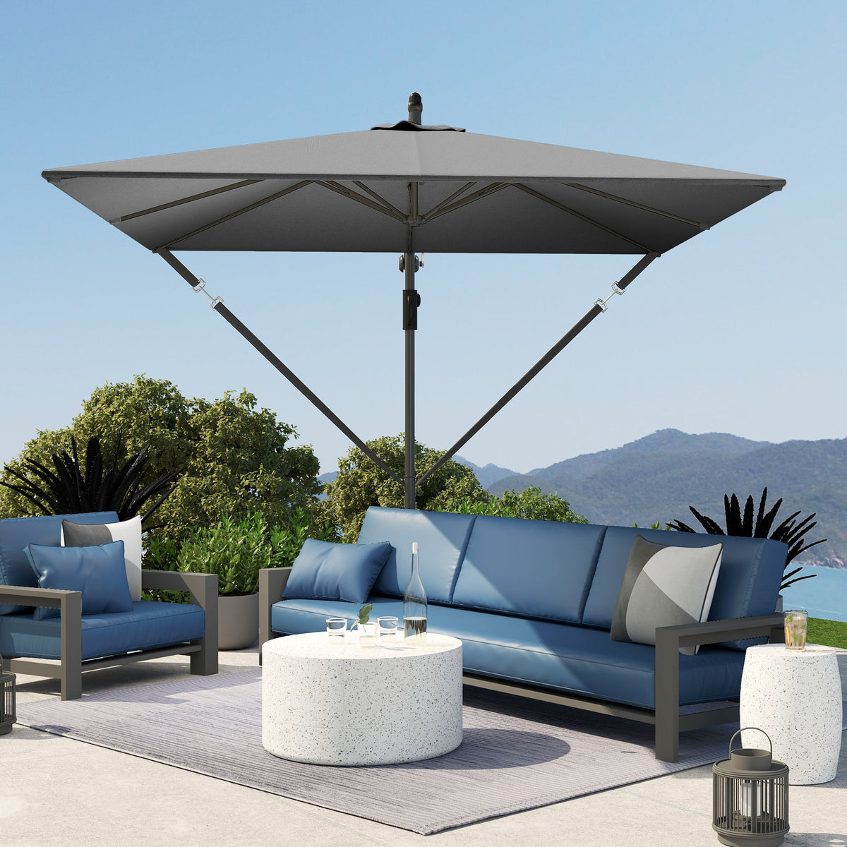 Offset Patio Umbrella with Base, Cover and Tilt Function, Grey