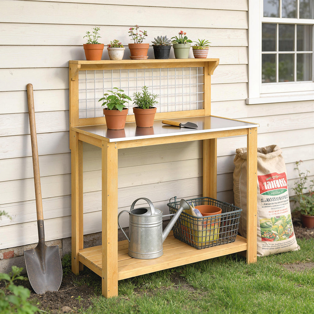 100 x 48 x 119 cm Potting Bench with Aluminium Worktop, Yellow