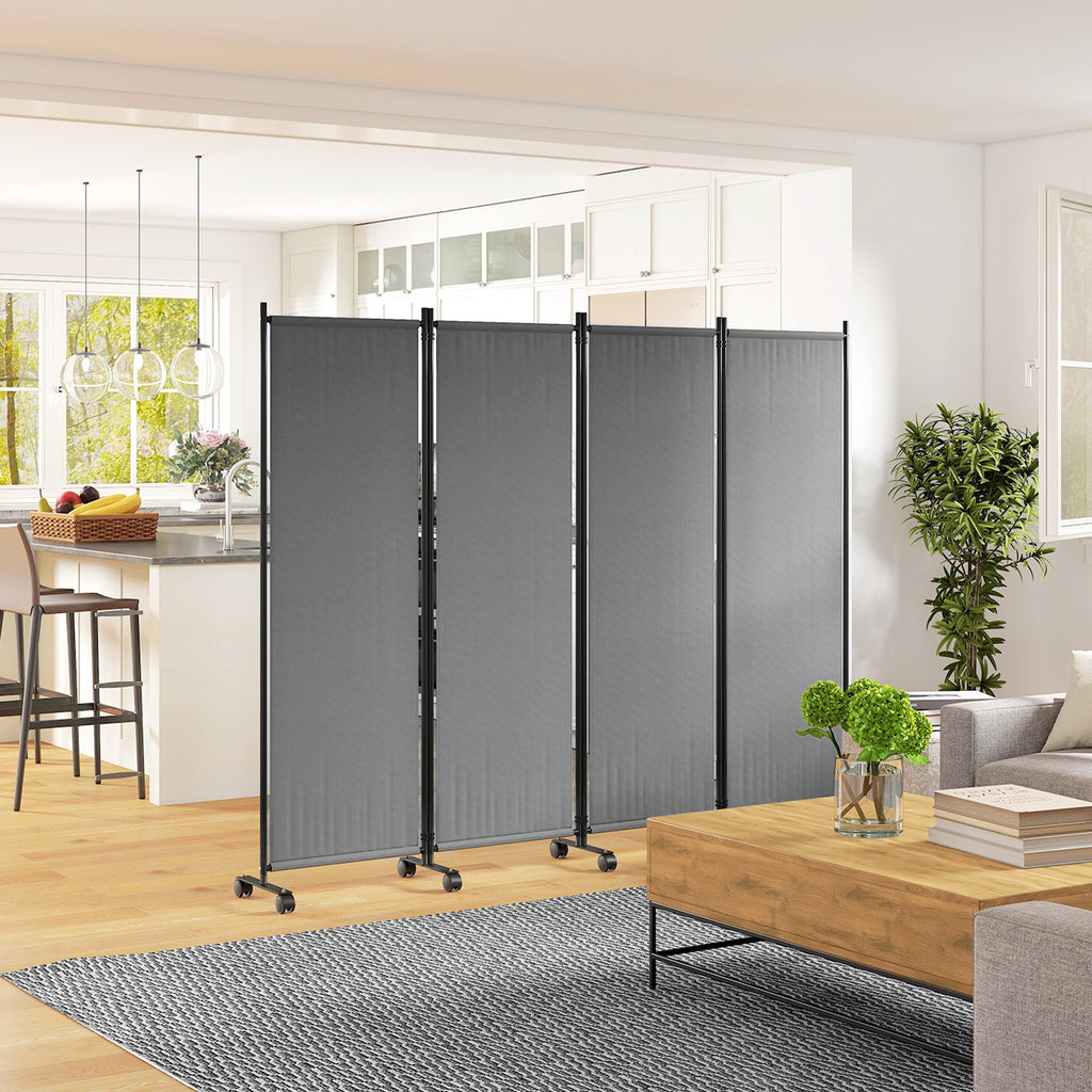 4 Panel Folding Room Divider with Lockable Wheels, Dark Grey