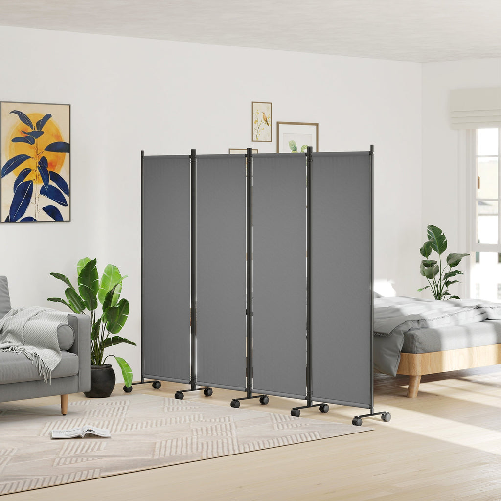 4 Panel Folding Room Divider with Lockable Wheels, Dark Grey