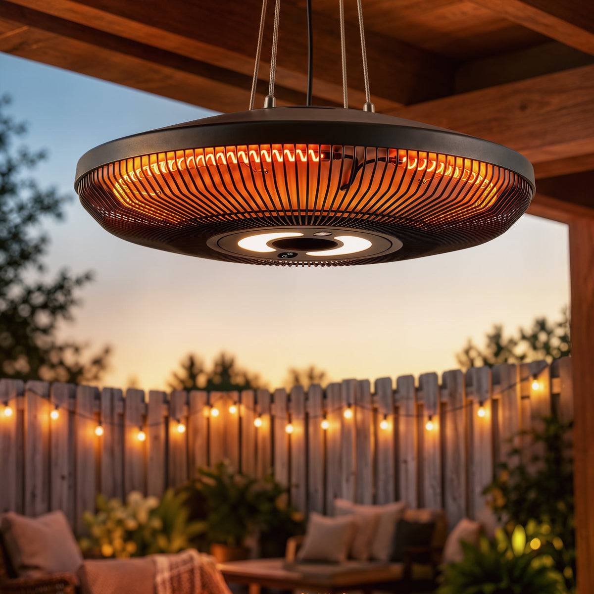 Electric Hanging Patio Heater with LED Light, 750/1500 W Infrared Heat & 24-Hour Timer