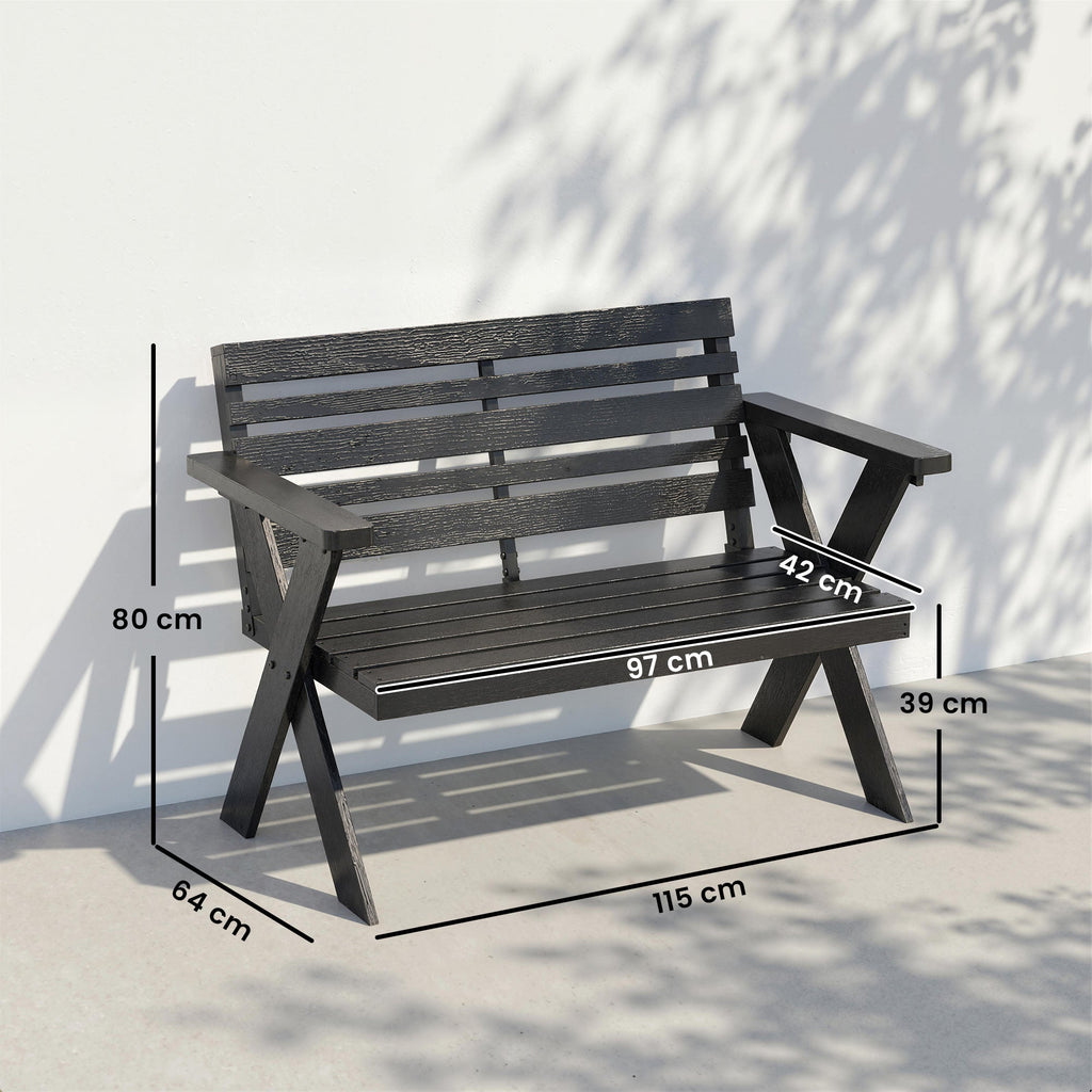 2 Seater Wooden Garden Bench with X-Frame Legs, Black