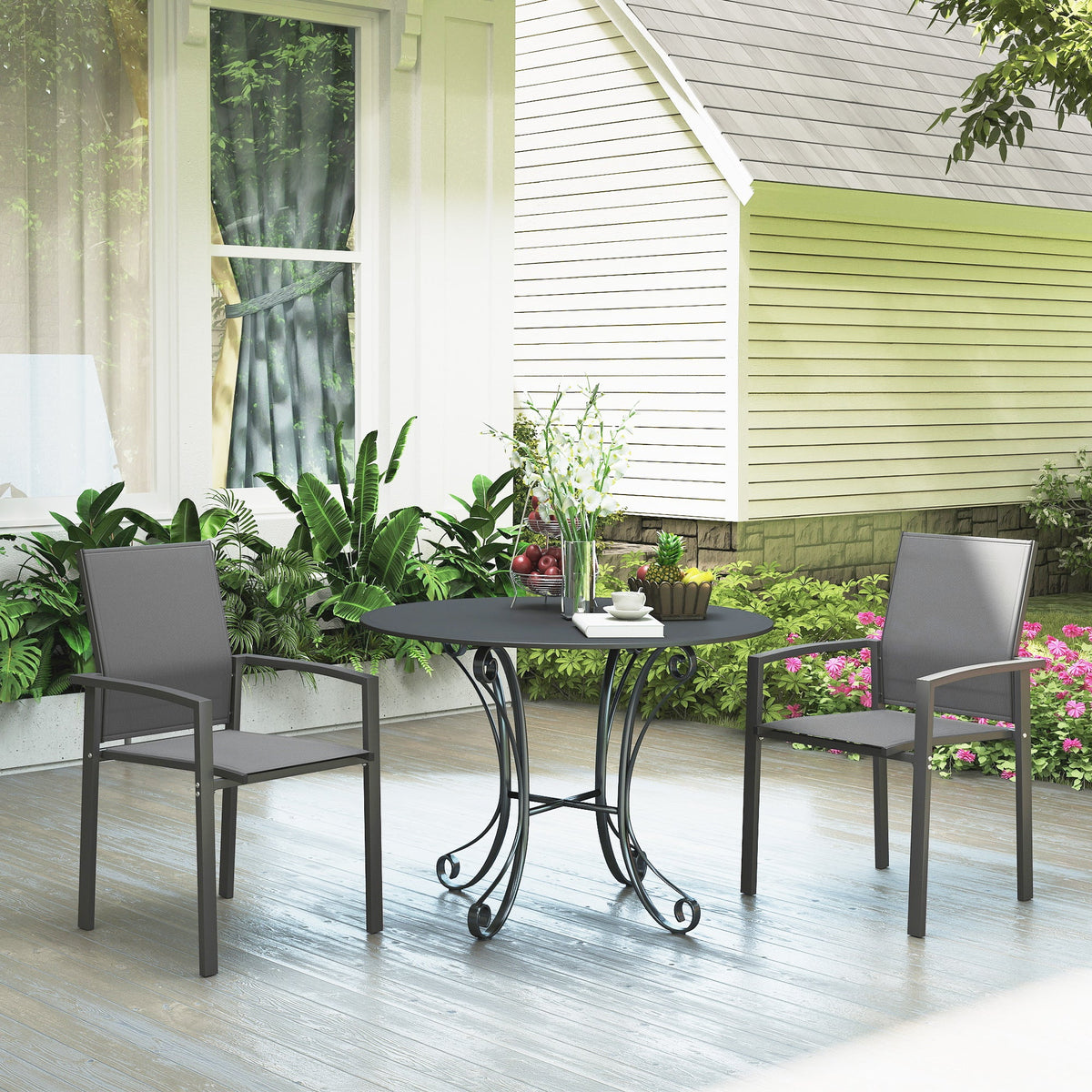 Set of 2 Stackable Patio Dining Chairs with Mesh Seat, Dark Grey