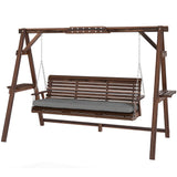 3 Seater Wooden Garden Swing Seat with Cushion and Side Trays, Carbonised Brown