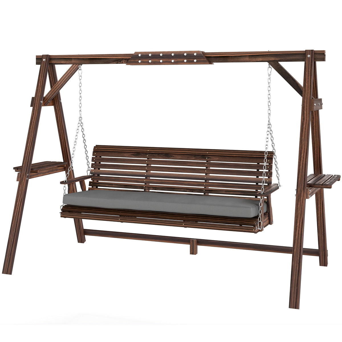 3 Seater Wooden Garden Swing Seat with Cushion and Side Trays, Carbonised Brown