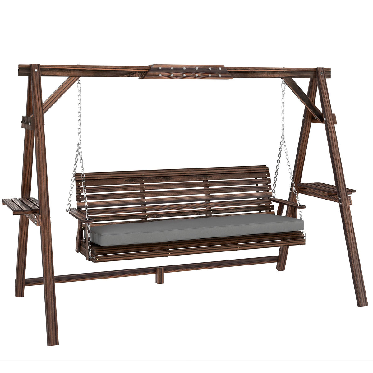 3 Seater Wooden Garden Swing Seat with Cushion and Side Trays, Carbonised Brown