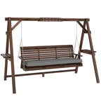 3 Seater Wooden Garden Swing Seat with Cushion and Side Trays, Carbonised Brown