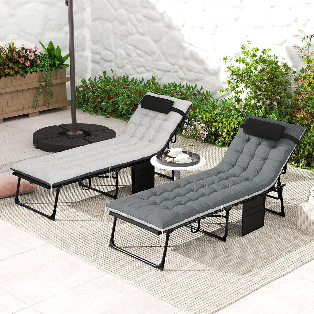 Set of 2 Folding Lounge Chairs with Cushion and Side Pocket, Black/Grey