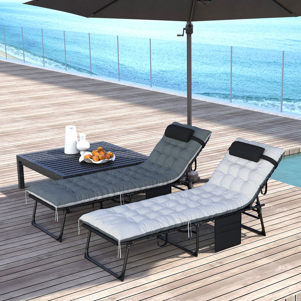 Set of 2 Folding Lounge Chairs with Cushion and Side Pocket, Black/Grey