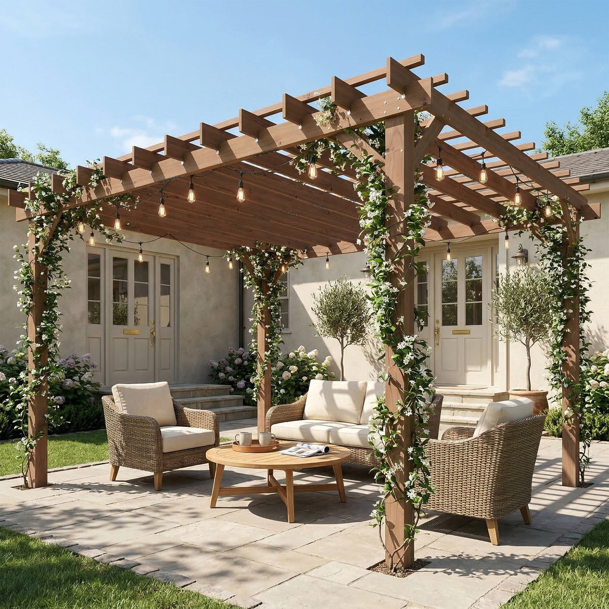 PerArbor Wooden Pergola Kit 3 x 3 m Maple with Triangle Supports & Grape Trellis