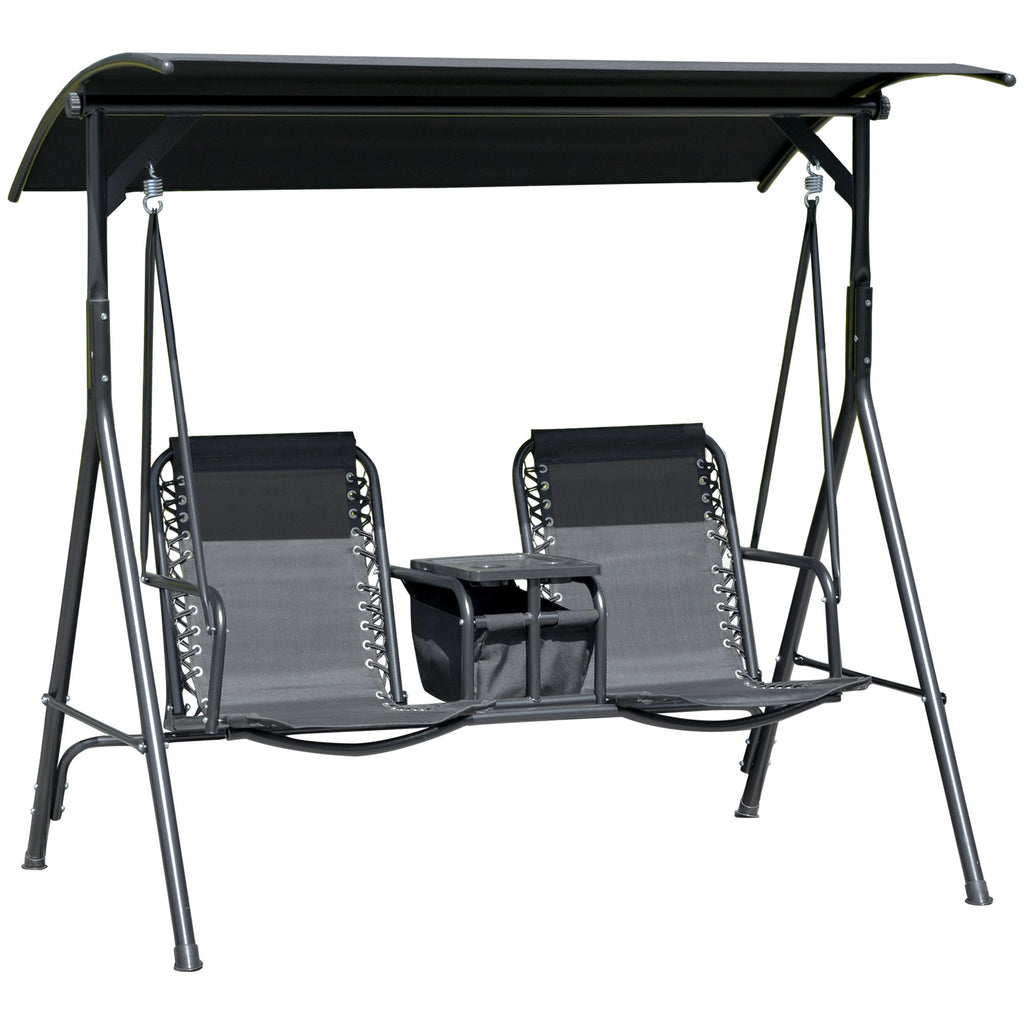 2 Person Porch Swing with Pivot Table, Cup Holder and Canopy, Black