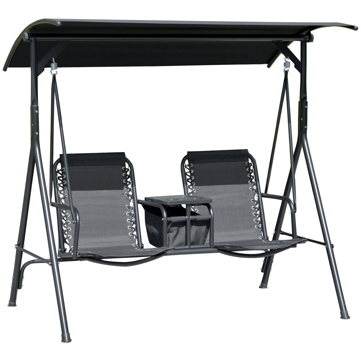 2 Person Porch Swing with Pivot Table, Cup Holder and Canopy, Black