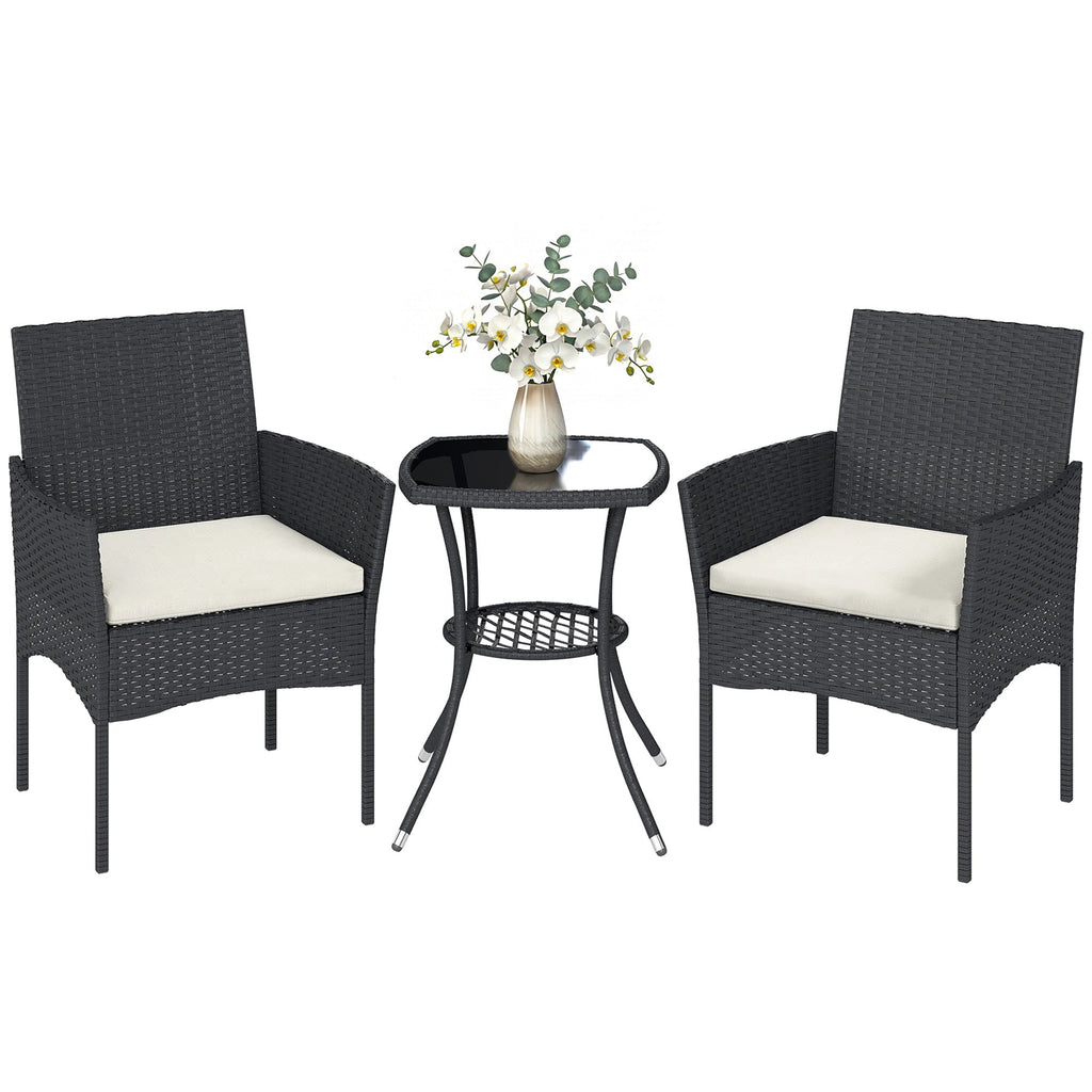 3-Piece PE Wicker Bistro Set with 2-Tier Glass Table and Cushions, Cream White
