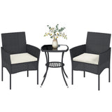 3-Piece PE Wicker Bistro Set with 2-Tier Glass Table and Cushions, Cream White
