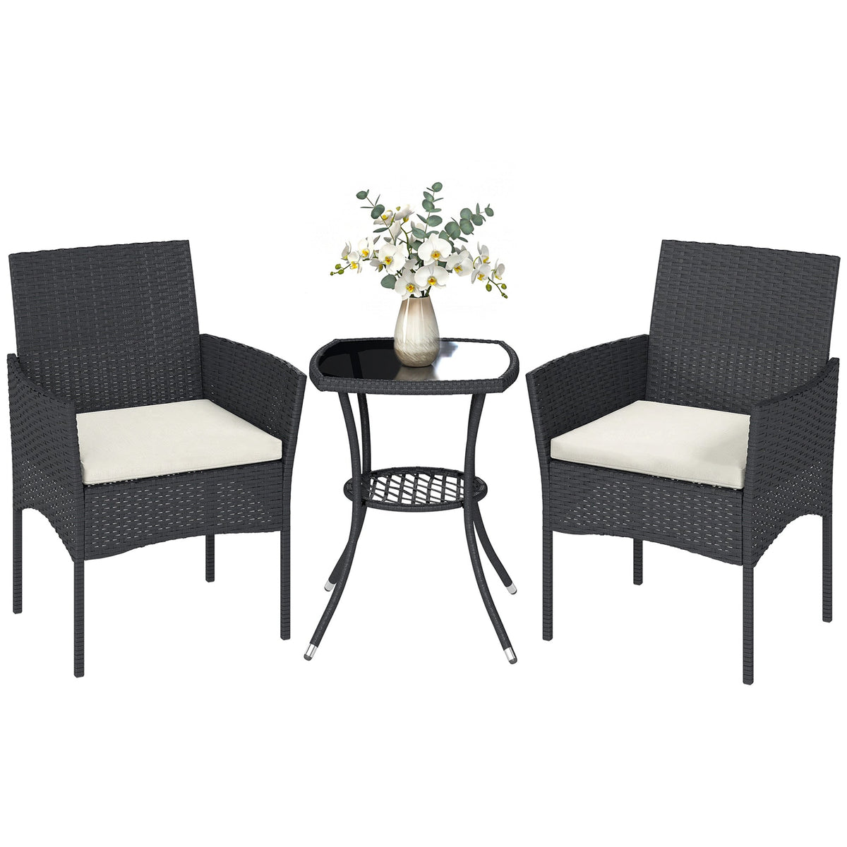 3-Piece PE Wicker Bistro Set with 2-Tier Glass Table and Cushions, Cream White
