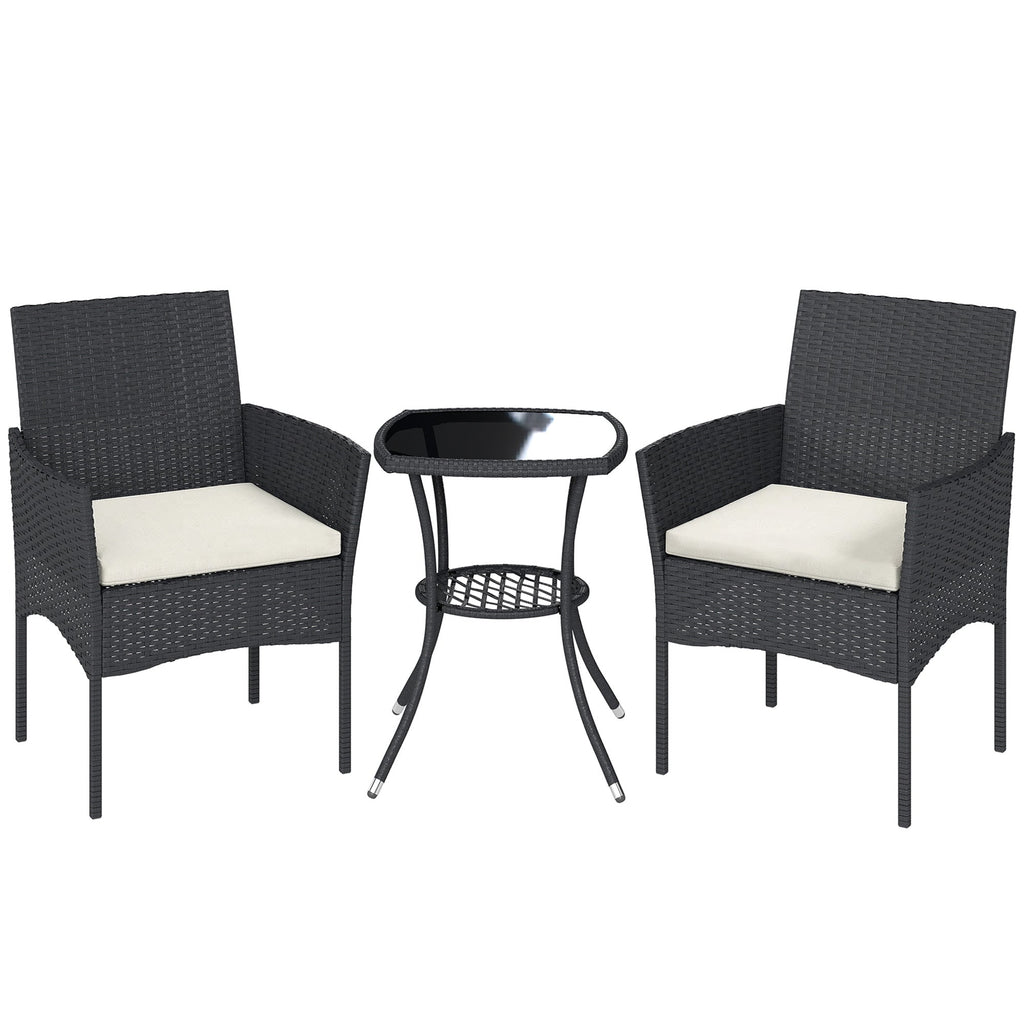 3-Piece PE Wicker Bistro Set with 2-Tier Glass Table and Cushions, Cream White