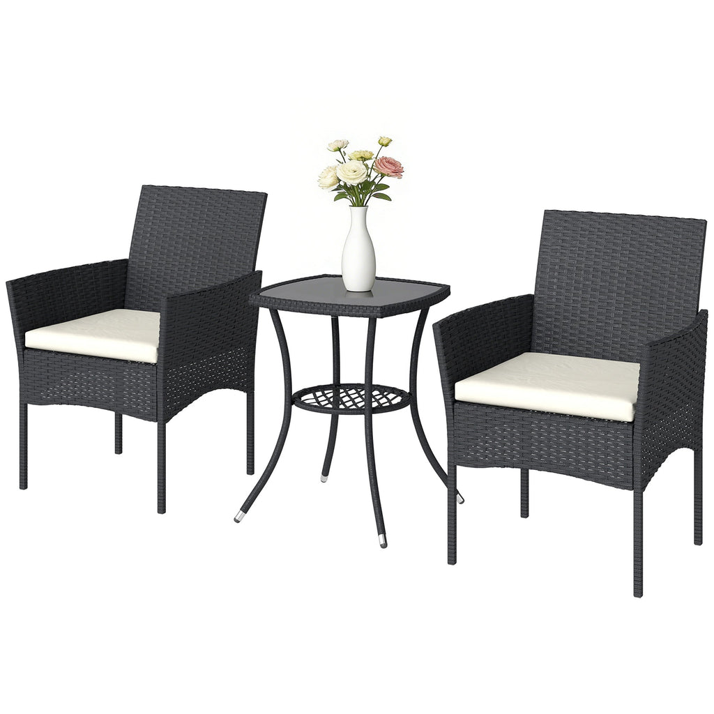 3-Piece PE Wicker Bistro Set with 2-Tier Glass Table and Cushions, Cream White