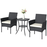 3-Piece PE Wicker Bistro Set with 2-Tier Glass Table and Cushions, Cream White