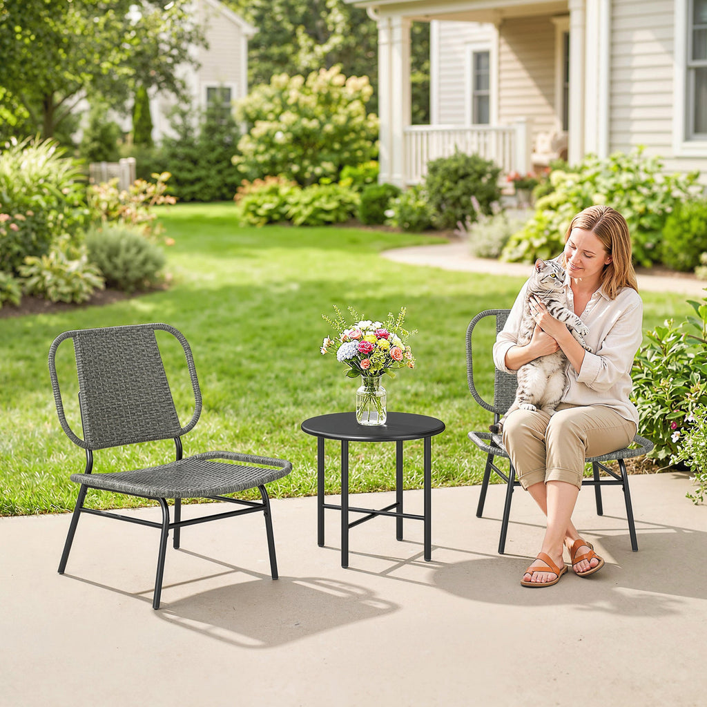 3 Piece Wicker Patio Bistro Set with 2 Armless Chairs and Steel Table, Grey