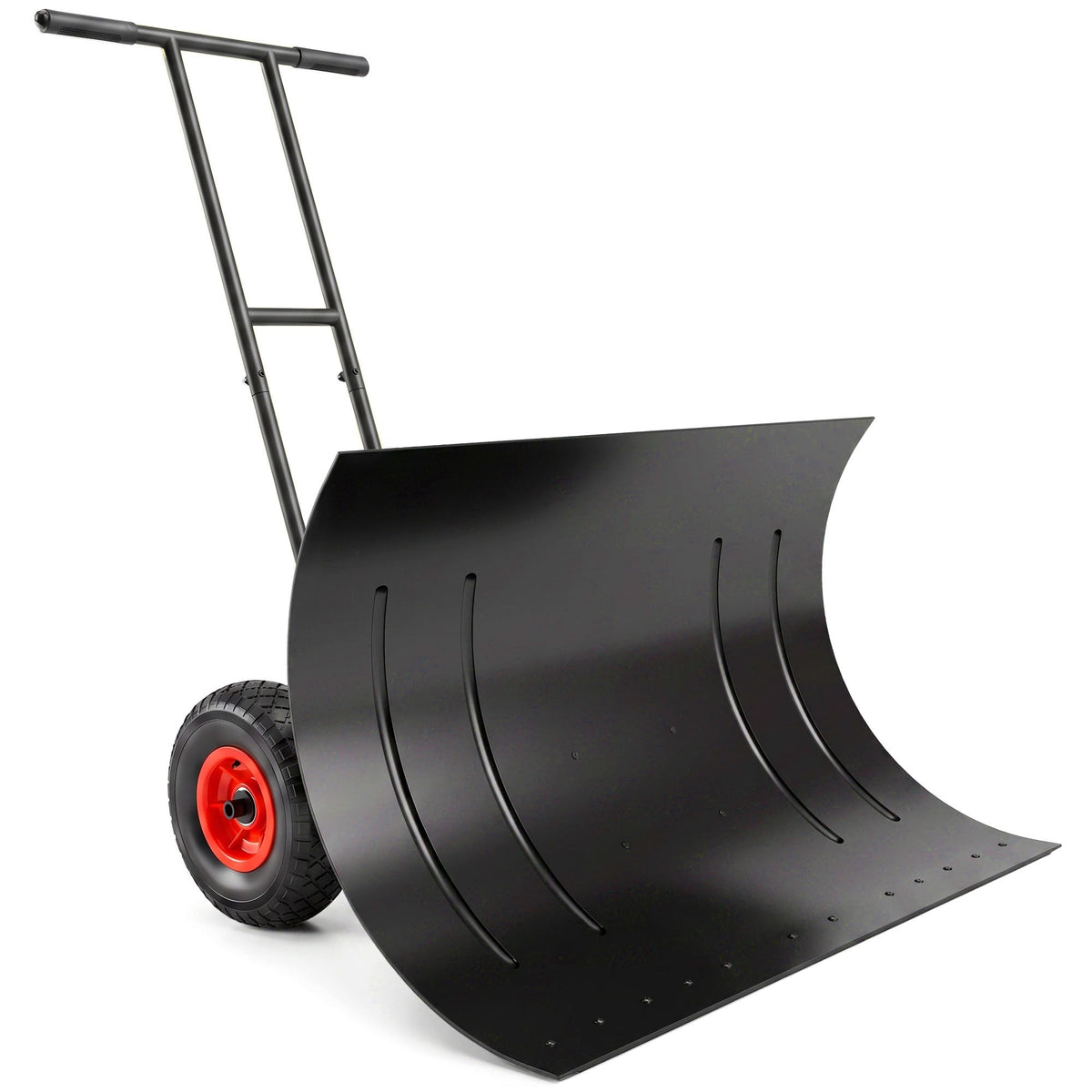 29" x 18" Heavy Duty Metal Snow Pusher with Wheels, 5-Level Adjustable Handle, Black