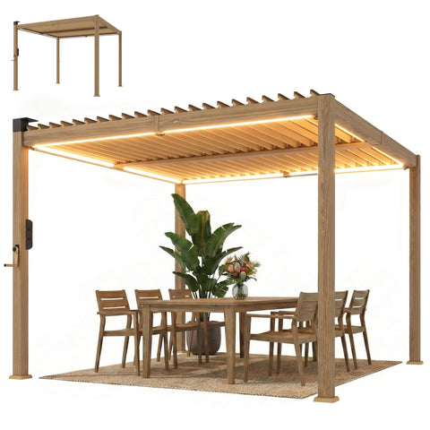 10' x 10' Louvered Pergola with Solar LED Lights and Adjustable Roof, Brown
