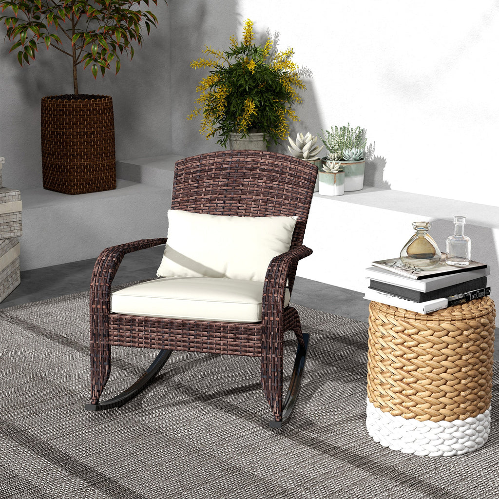 Wicker Adirondack Rocking Chair with Cushion and Pillow, Cream White/Brown