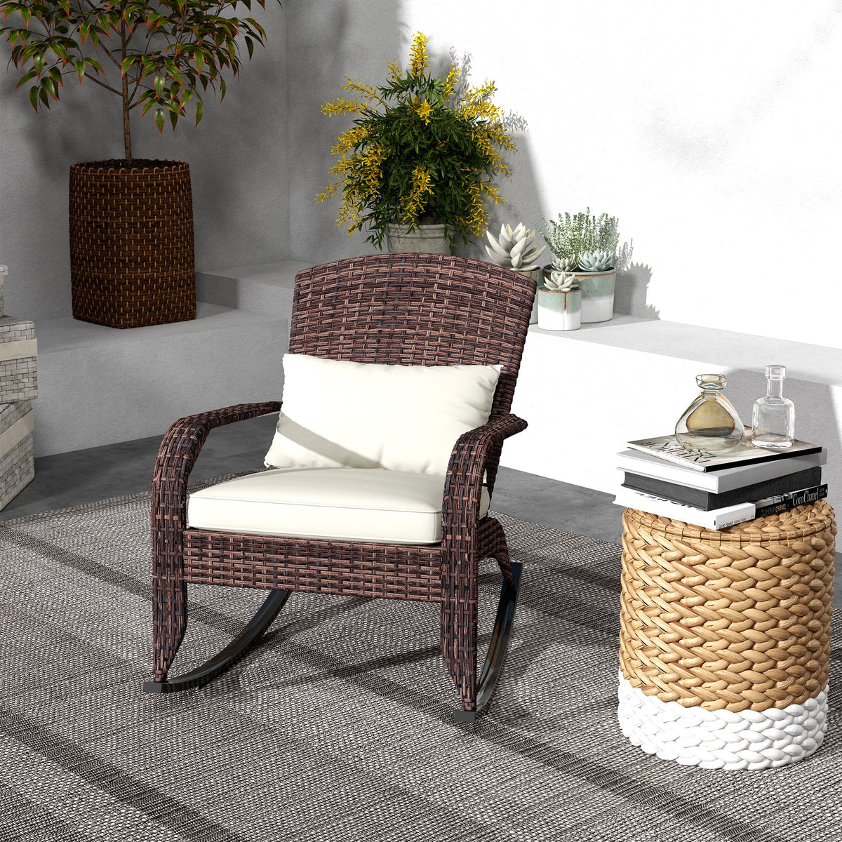 Wicker Adirondack Rocking Chair with Cushion and Pillow, Cream White/Brown
