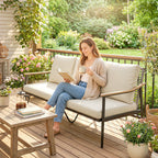 3 Seater Rattan Sofa with Wood-Effect Armrests, Khaki