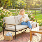 3 Seater Rattan Sofa with Wood-Effect Armrests, Khaki