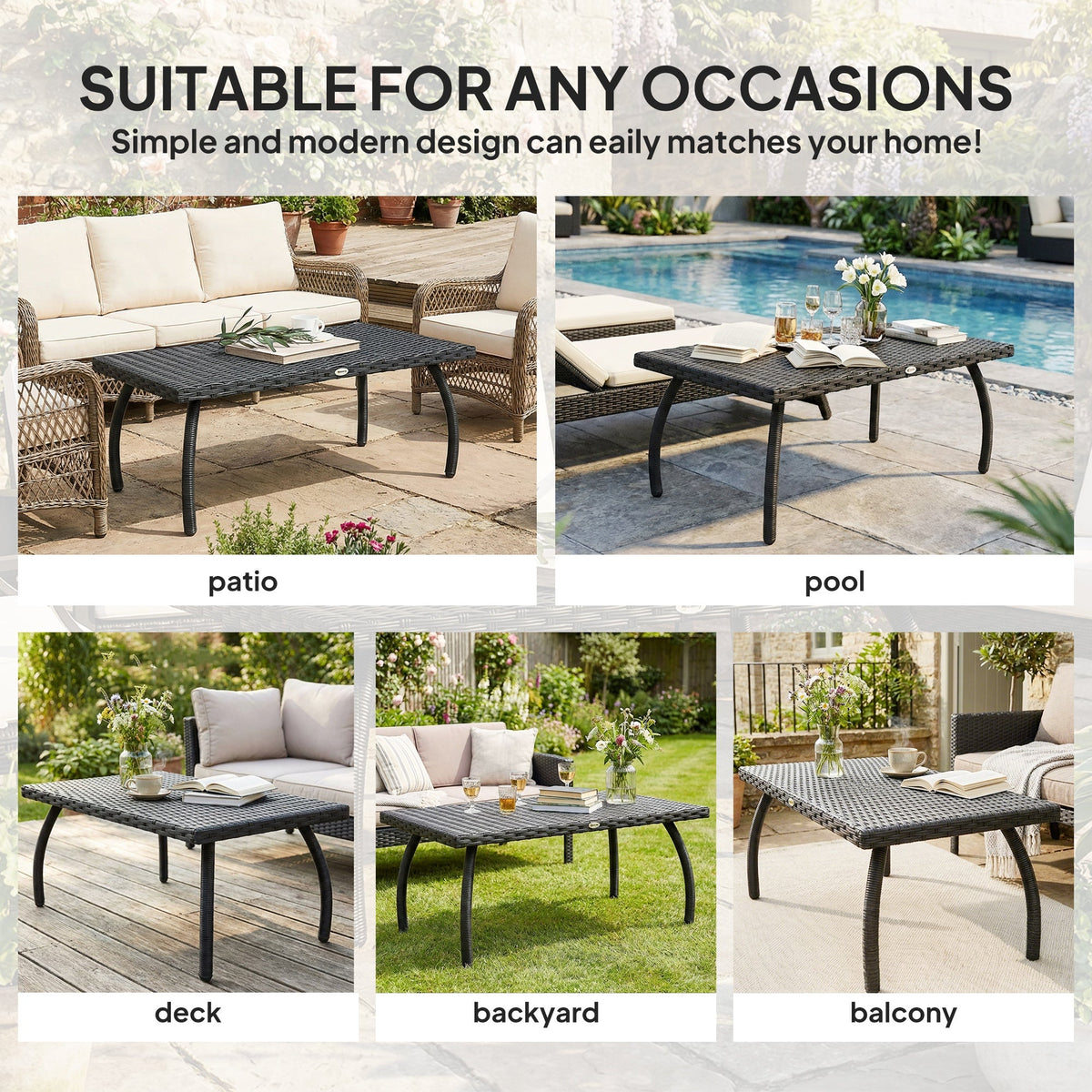 Rattan Garden Coffee Table with All-Weather PE Wicker, Black